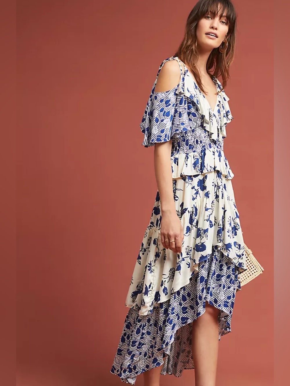 MISA Los Angeles LIV Floral Ruffle High Low Dress Women’s Blue Ivory Small